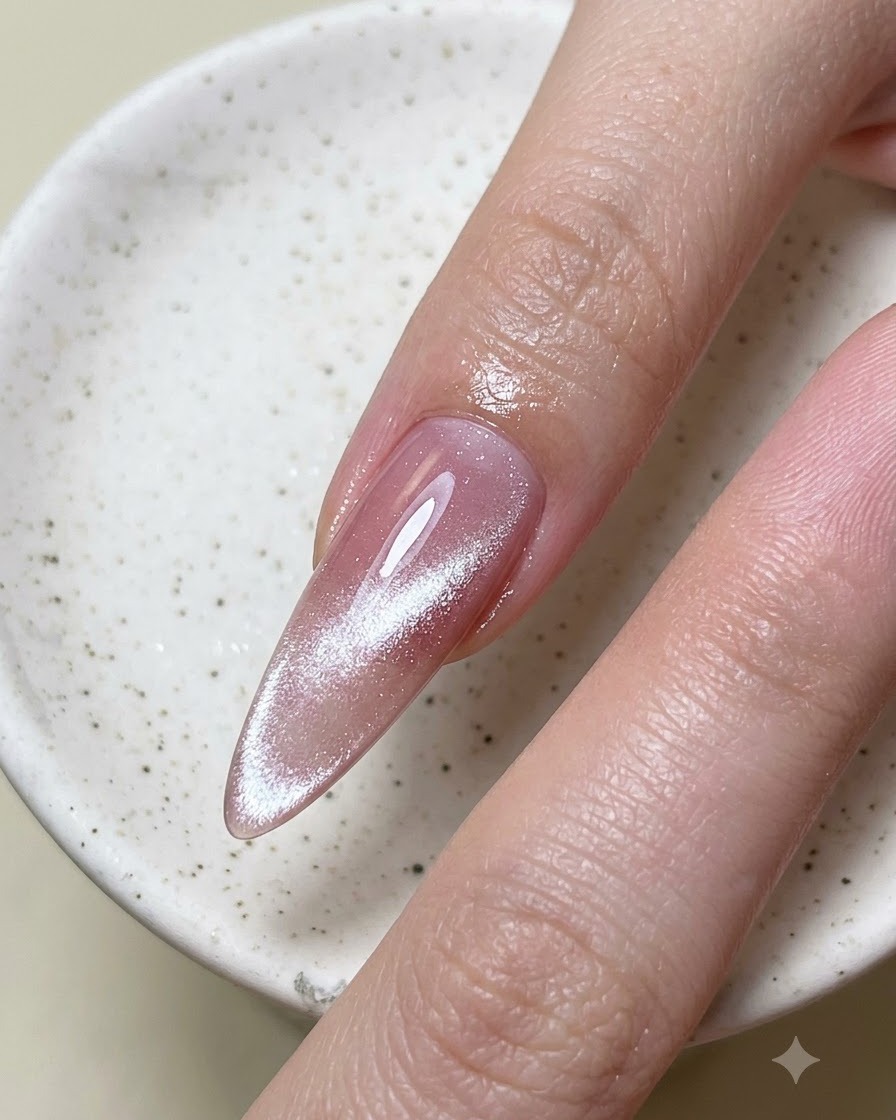 Nahaufnahme eines Ringfingernagels mit einem scharfen, leuchtenden silbernen Cat-Eye-Streifen in der Mitte.