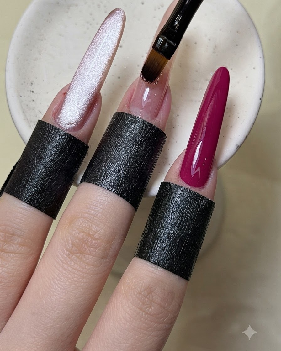 Ein feiner Pinsel platziert winzige Glitzerflocken und Pailletten auf dem Mittelfingernagel.