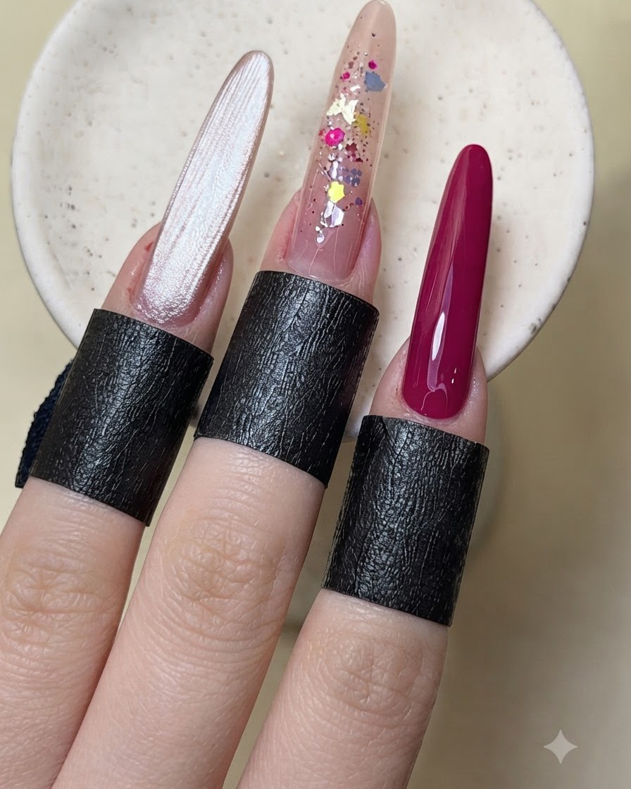 Eine manikürte Hand zeigt fertige Nageldesigns inklusive Cat-Eye- und Glitzer-Einarbeitung.