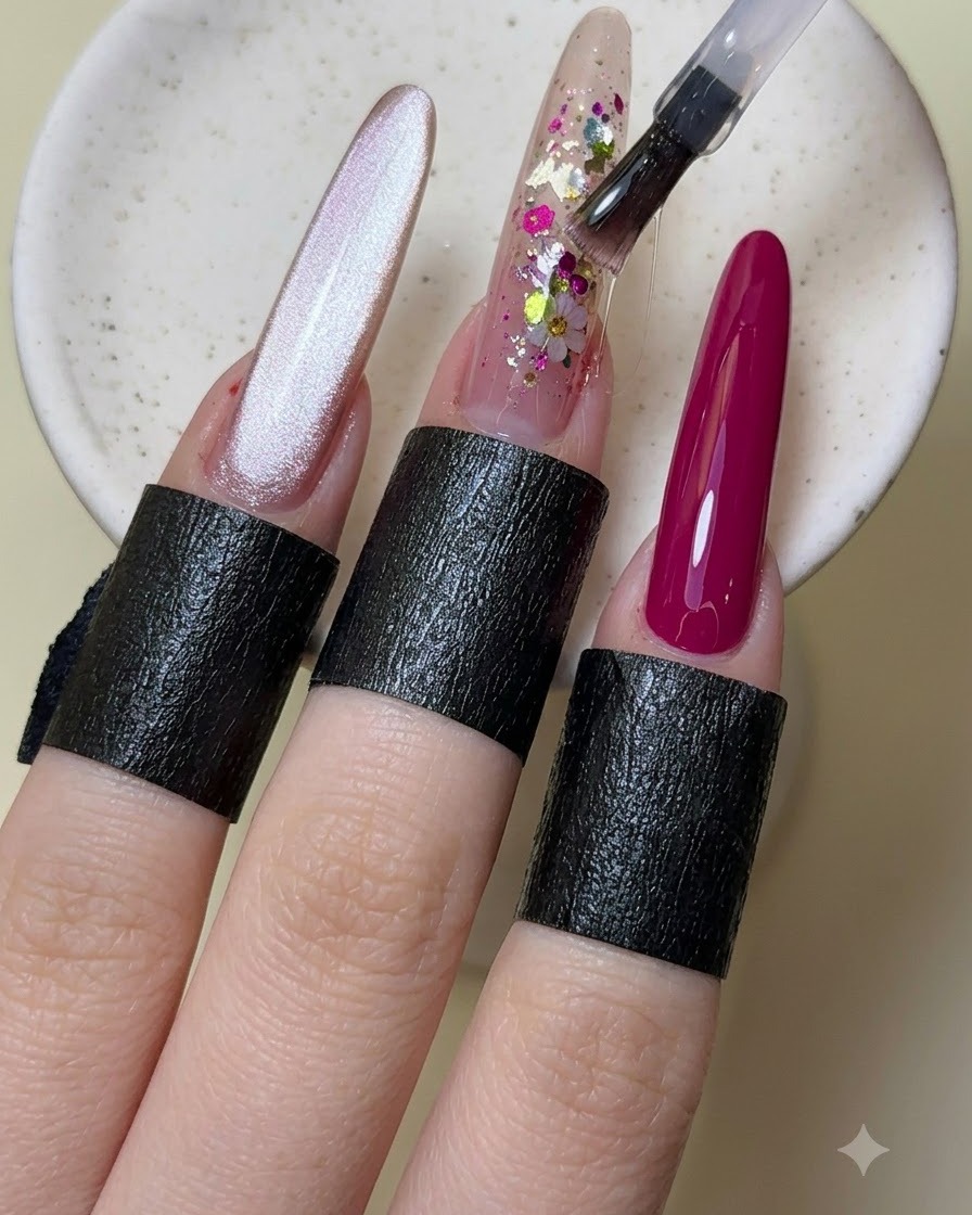 Ein Pinsel trägt eine Schicht klaren Überlack auf den verzierten Mittelfingernagel auf.