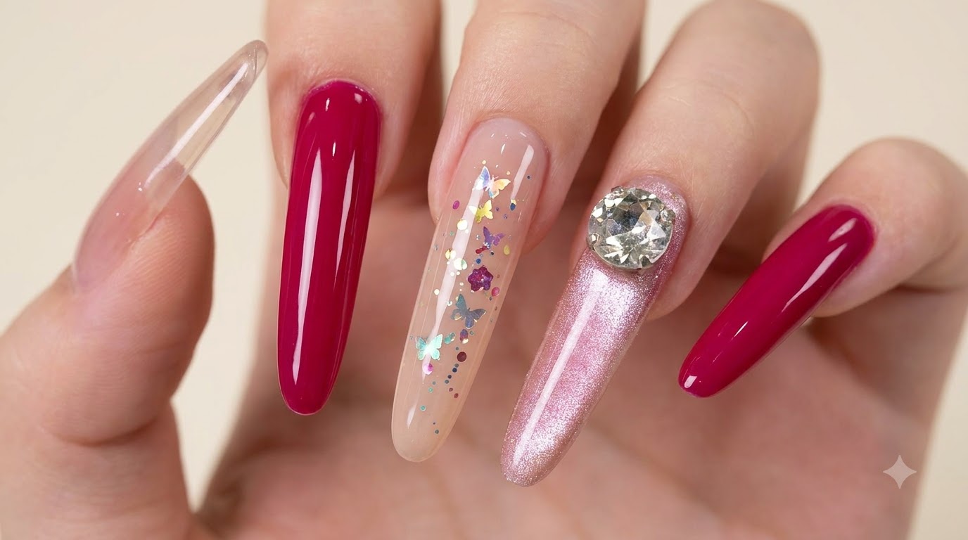 Magenta und Nude Cat-Eye-Nail-Art mit Strassstein-Verzierung — Schritt-für-Schritt-Anleitung