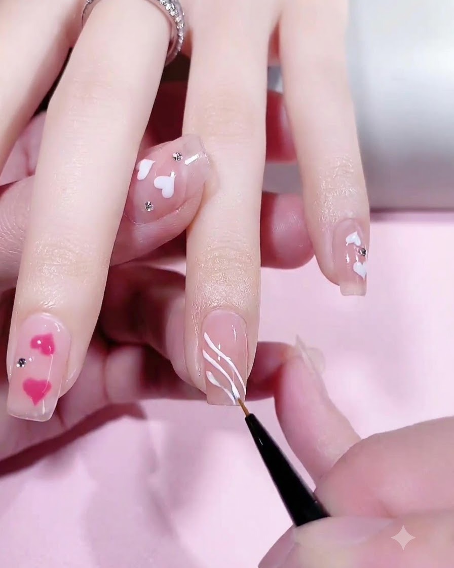 Ein Nageldesigner malt zarte, wellenförmige Konturen in Pastellfarben auf einen naturfarbenen Nagel.