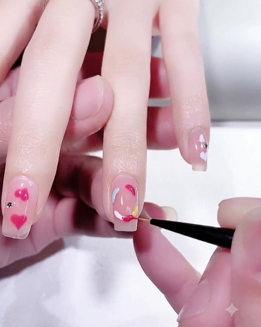 Nahaufnahme eines feinen Detailpinsels, der den kräftigen pfirsichrosa Abschnitt eines mehrfarbigen Gel-Ringdesigns auf einem Fingernagel verfeinert.