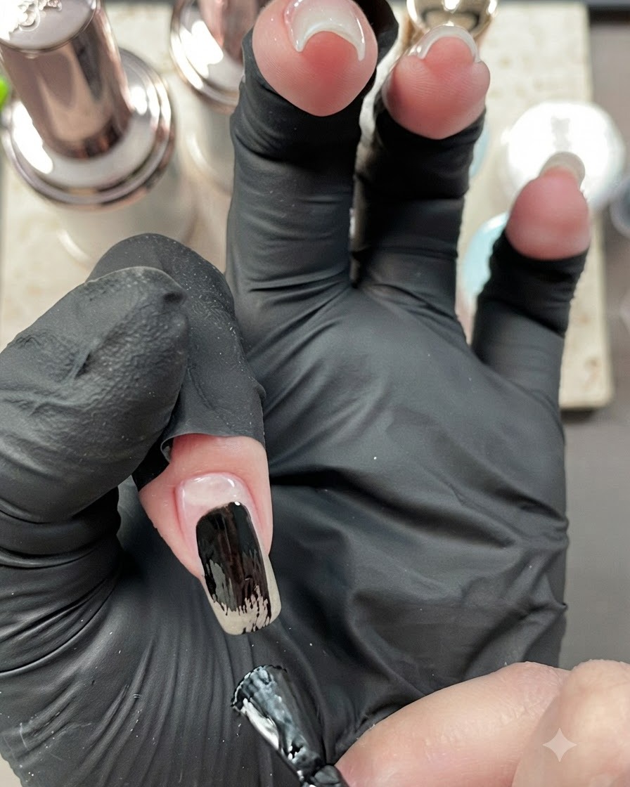 Ein Nagelpinsel, der schwarzen Gelack auf die Mitte eines Zeigefingernagels aufträgt.