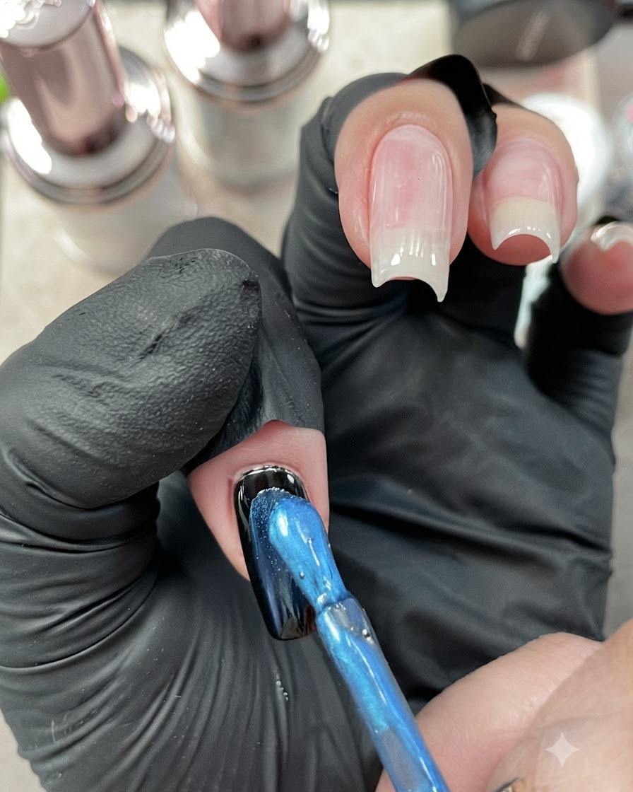 Ein Pinsel, der lebendigen blauen Metallic-Cat-Eye-Gelack auf einen schwarz lackierten Fingernagel aufträgt.