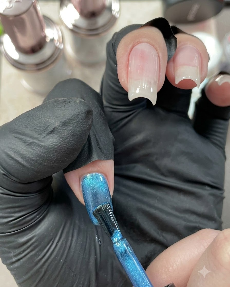 Ein blau manikürter Cat-Eye-Nagel unter einer tragbaren Mini-Härtungslampe.