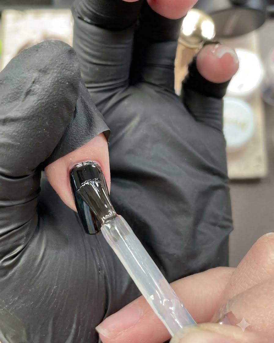 Ein Zeigefinger mit glänzendem Top Coat unter einer Mini-UV/LED-Lampe beim Aushärten.
