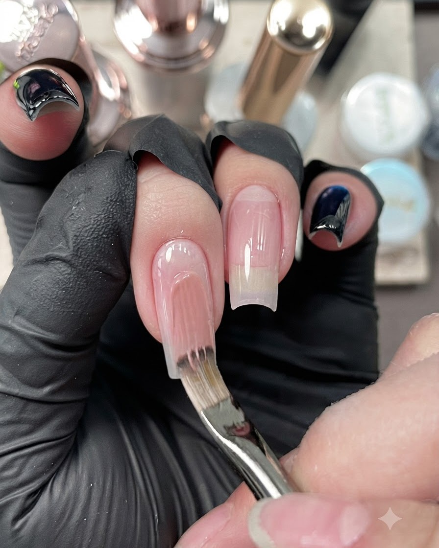 Ein Nagelpinsel, der eine glatte Schicht Nude-Gelack auf die Mittelfingernagelplatte aufträgt.