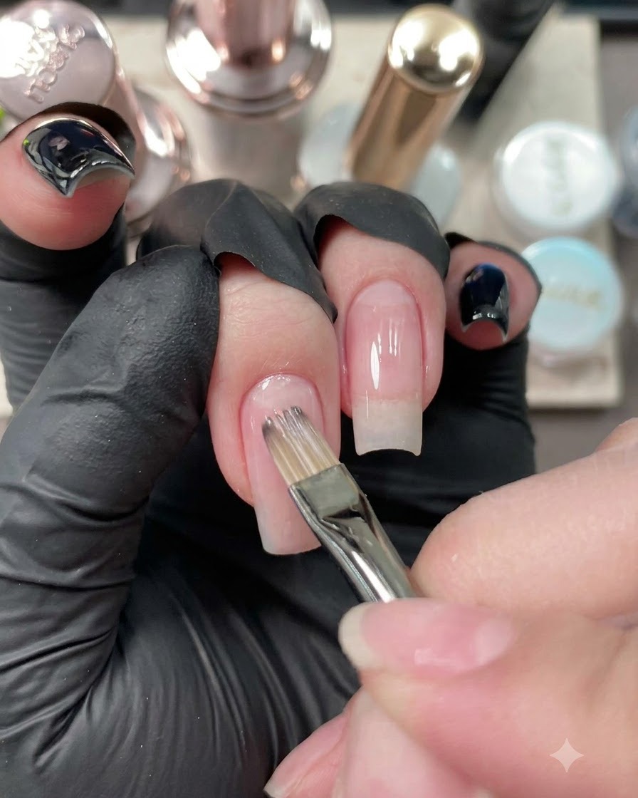 Ein Nagelpinsel, der Nude-Basislack auf den Ringfingernagel aufträgt.