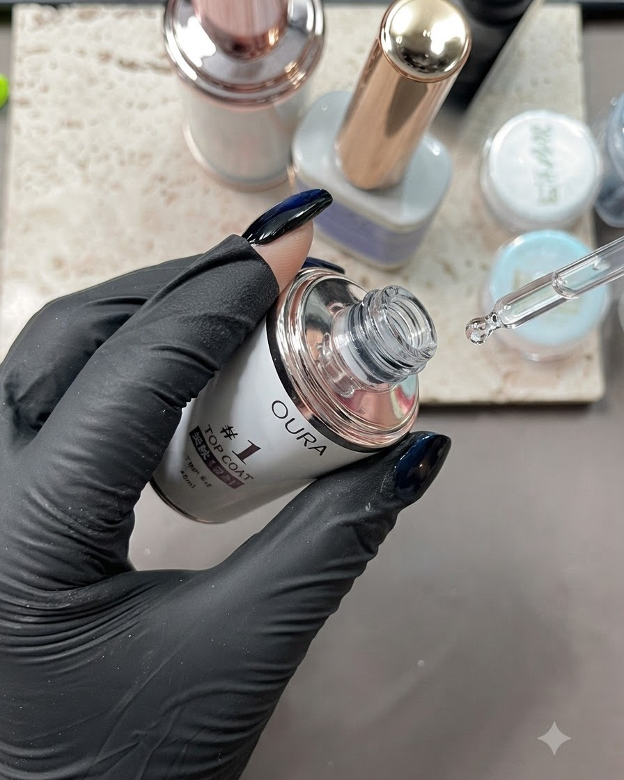 Eine Flasche Top Coat mit einer Pipette, die neben einer behandschuhten Hand Produkt abgibt.
