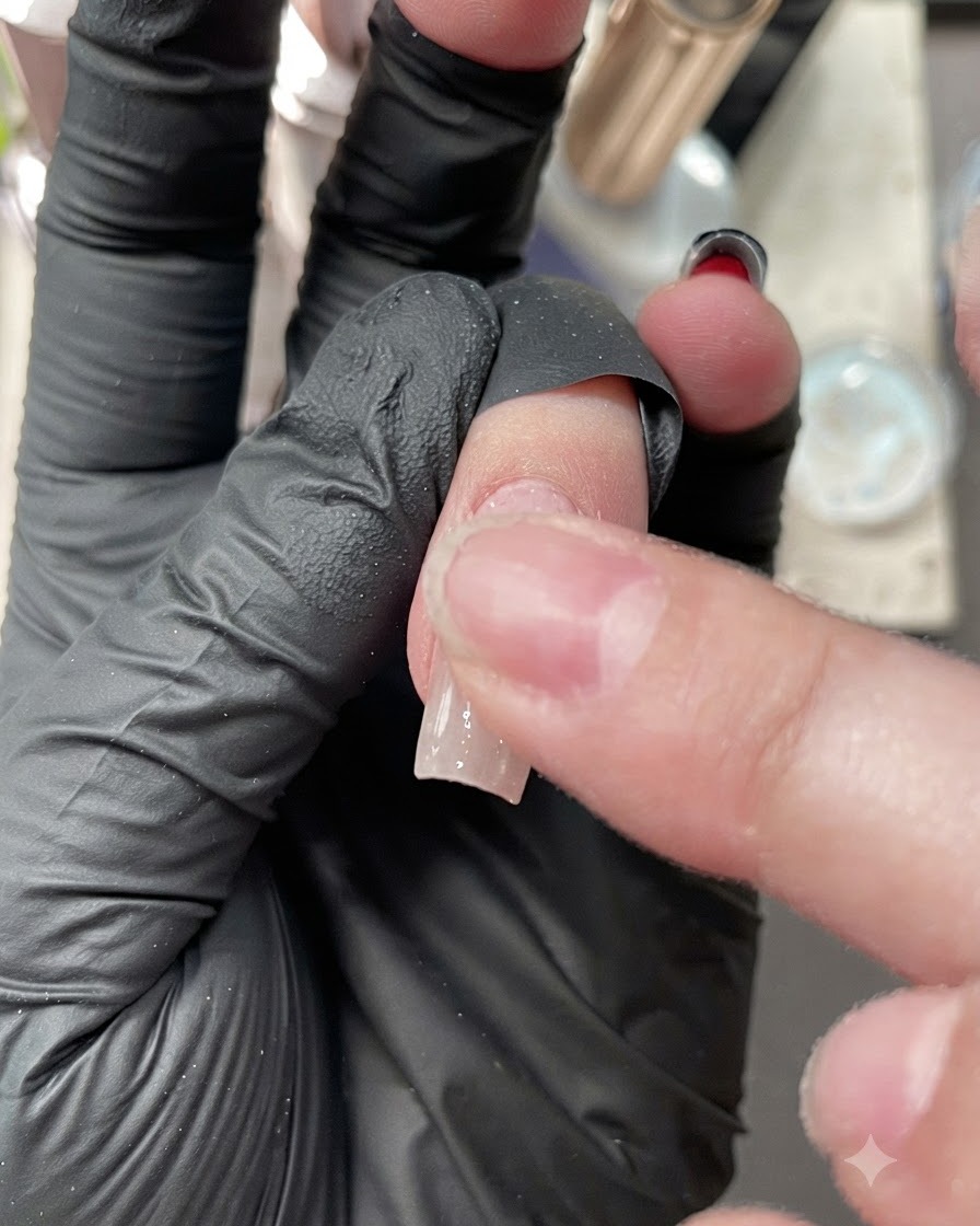 Ein behandschuhter Finger reibt gemischtes Aurora-Pulver auf eine polierte Fingernageloberfläche.