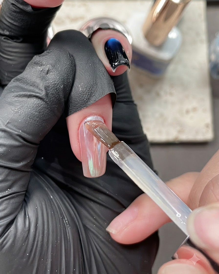 Ein Pinsel, der ein klares, leicht violett getöntes Basisgel auf einen chromatierten Nagel aufträgt.
