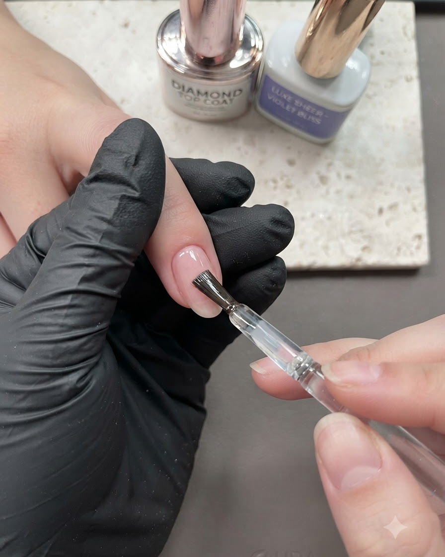 Ein Pinsel trägt einen glänzenden Top Coat auf die Oberfläche eines manikürten Nagels auf.