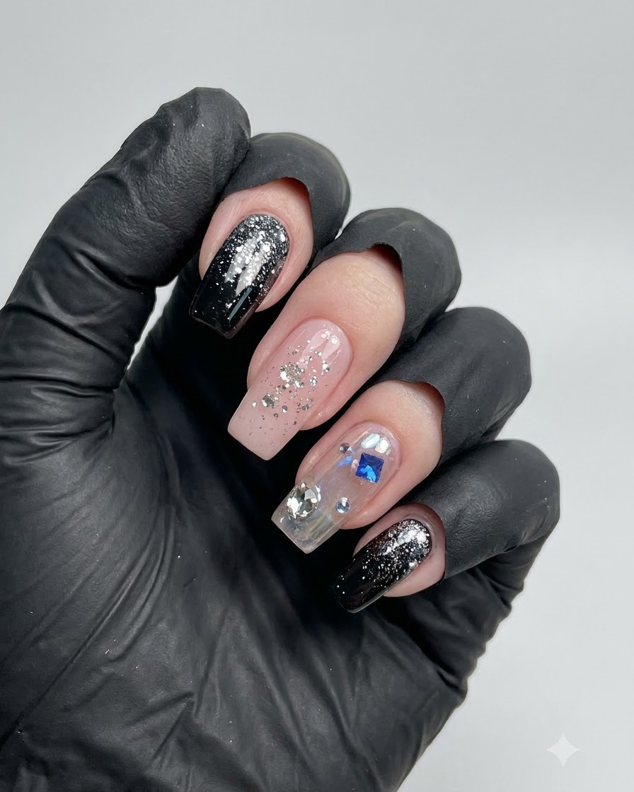 Eine Hand zeigt dekorierte Nägel mit schwarzen Glitzer-Gradienten-Spitzen, einen Nudenagel mit Silberflocken und einen Akzentnagel mit Sternen und Strasssteinen.