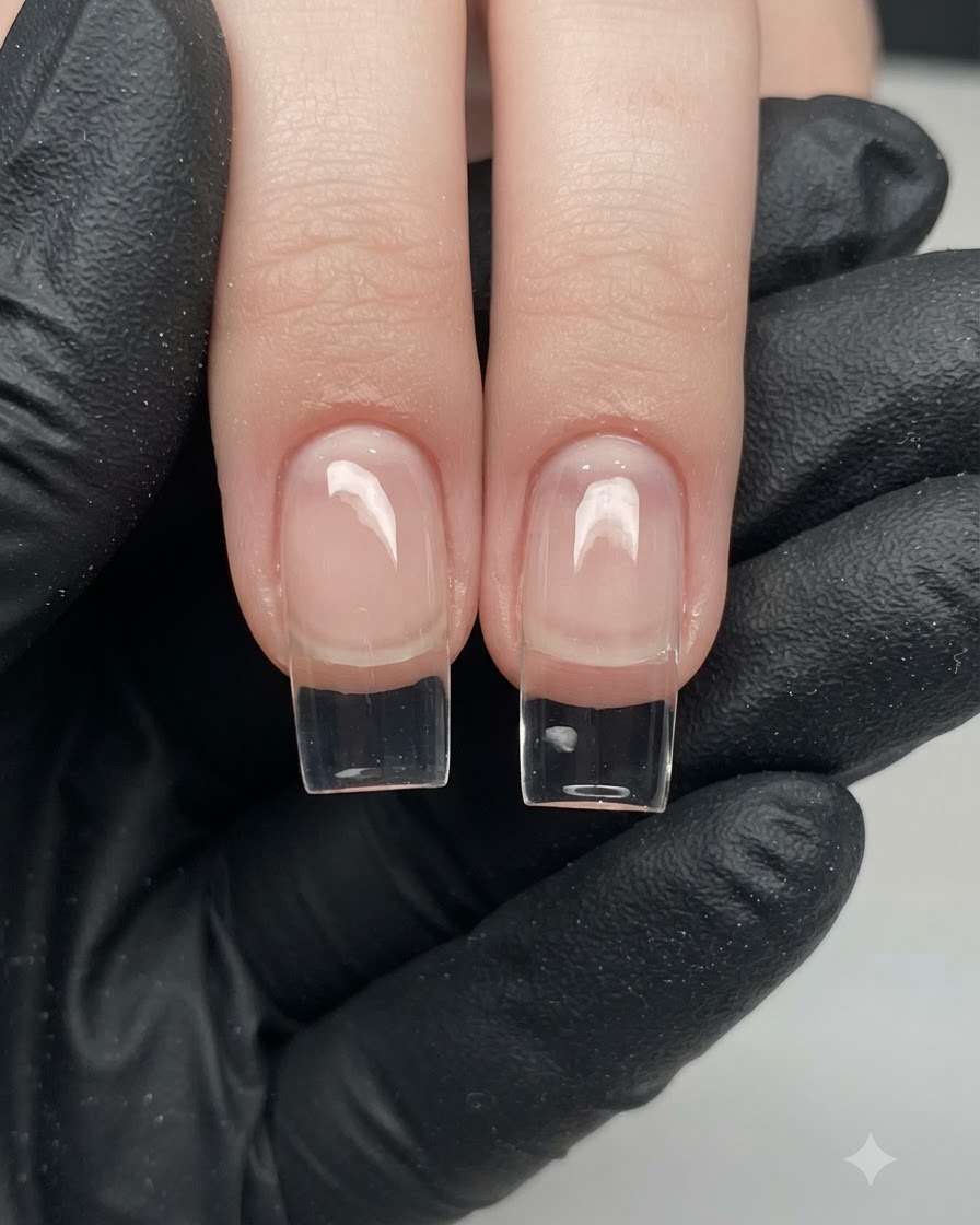 Zwei saubere verlängerte Nagelformen werden unter einer Studiolichtumgebung ausgehärtet.