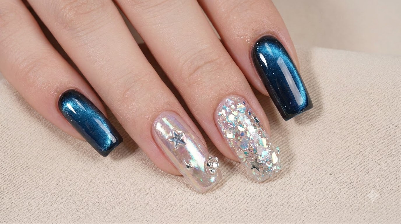 Tiefblaue Cat-Eye und Aurora Powder Nägel — Schritt-für-Schritt Anleitung