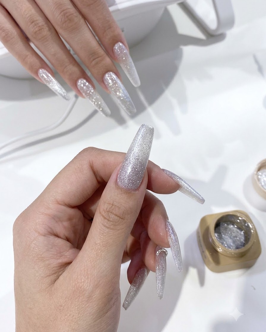 Nahaufnahme einer Hand, die einen fertigen Cat-Eye-Gel-Nagel hält, um die Lichtausrichtung zu überprüfen.