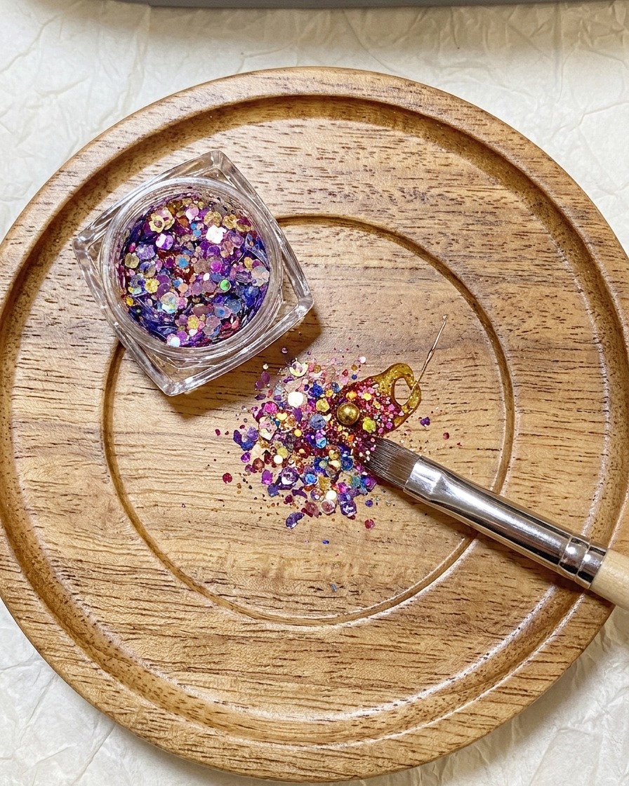 Ein Glitzerglas neben einer Holzpalette, auf der ein Pinsel Glitzerflocken in Gel einrührt.