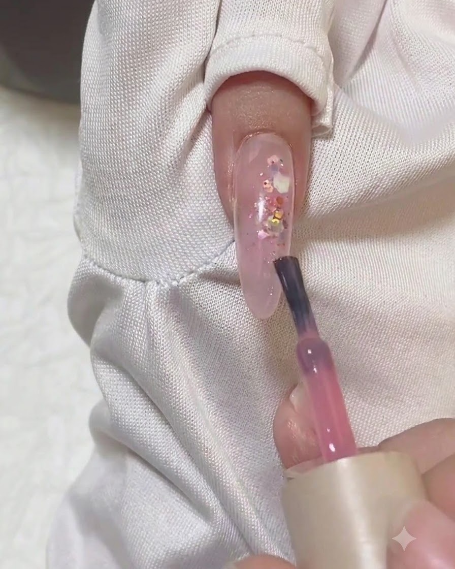 Ein Pinsel mit rosa Gel-Nagellack trägt sheer rosa Farbe auf die Spitze eines klaren, mit Glitzer verkapselten Mandelnagels auf.
