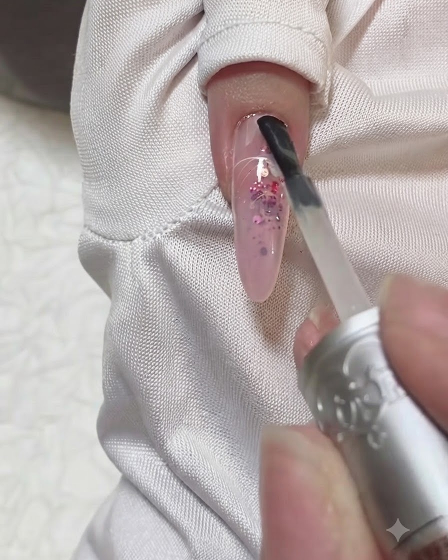 Ein Pinsel trägt einen finalen glänzenden Topcoat auf mandelförmige Nägel auf.