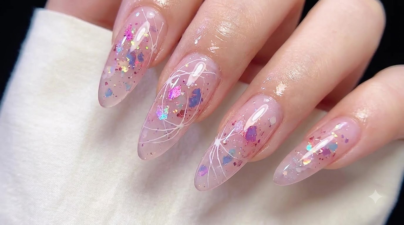 Durchscheinende Rosa Gelnägel mit Glitzer und Opal-Nail-Art — Schritt-für-Schritt-Anleitung