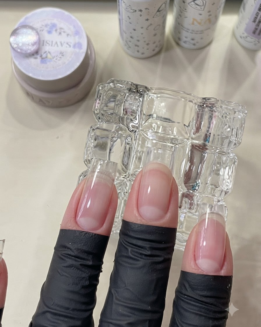 Finger positioniert unter einer UV/LED-Minilampe zum Aushärten der Unterlackschicht.