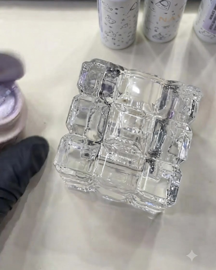 Ein offenes Glas mit Flashing Cat-Eye-Gel neben einem transparenten quadratischen Display-Block.