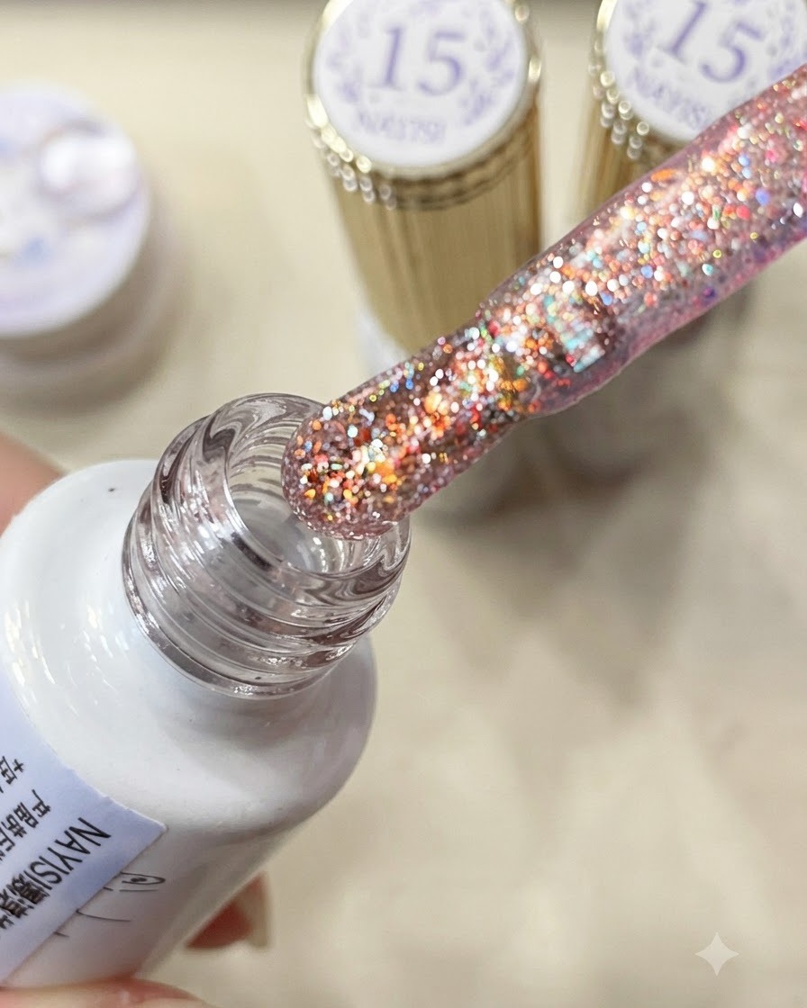 Ein Pinsel geladen mit schimmerndem rosa-lila Crushed-Diamond-Glitter-Gel aus einem Fläschchen.