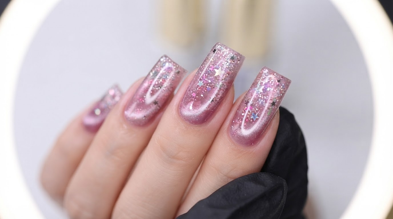 Glänzende Galaxy Cat Eye und Sternen-Nail-Art — Schritt-für-Schritt-Anleitung