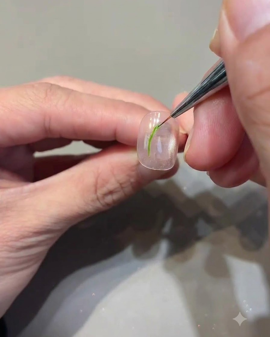 Ein Fine-Liner-Pinsel zeichnet Blattdetails mit avocadogrünem Gel auf einen Nagel.