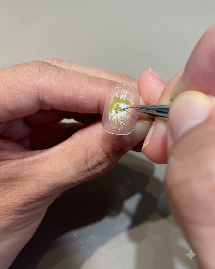 Nahaufnahme eines Detailpinsels, der sorgfältig avocadogrünes Gel ausfüllt, um Erdbeerblätter auf einem nuderosa Nagel zu erzeugen.