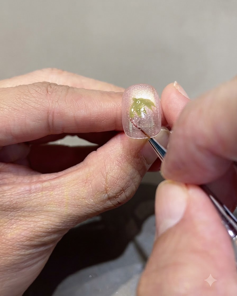 Ein Nail-Art-Feinpinsel trägt rotes Glasgel auf, um die abgerundete Kontur einer Erdbeere auf einer nuderosa Basis nachzuziehen.