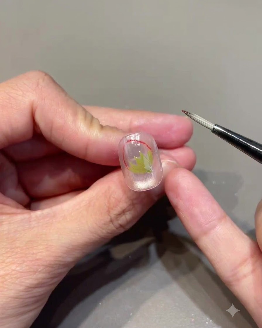 Ein Mehrzweckpinsel tupft rotes Glasgel auf den oberen Teil einer Erdbeerkontur.
