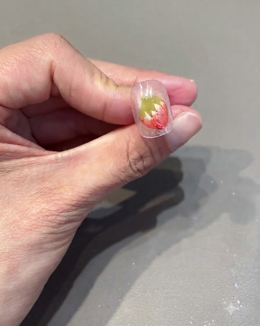 Nahaufnahme eines Nagels mit einem roten Erdbeerdesign und kleinen, aufgemalten weißen Punkten.