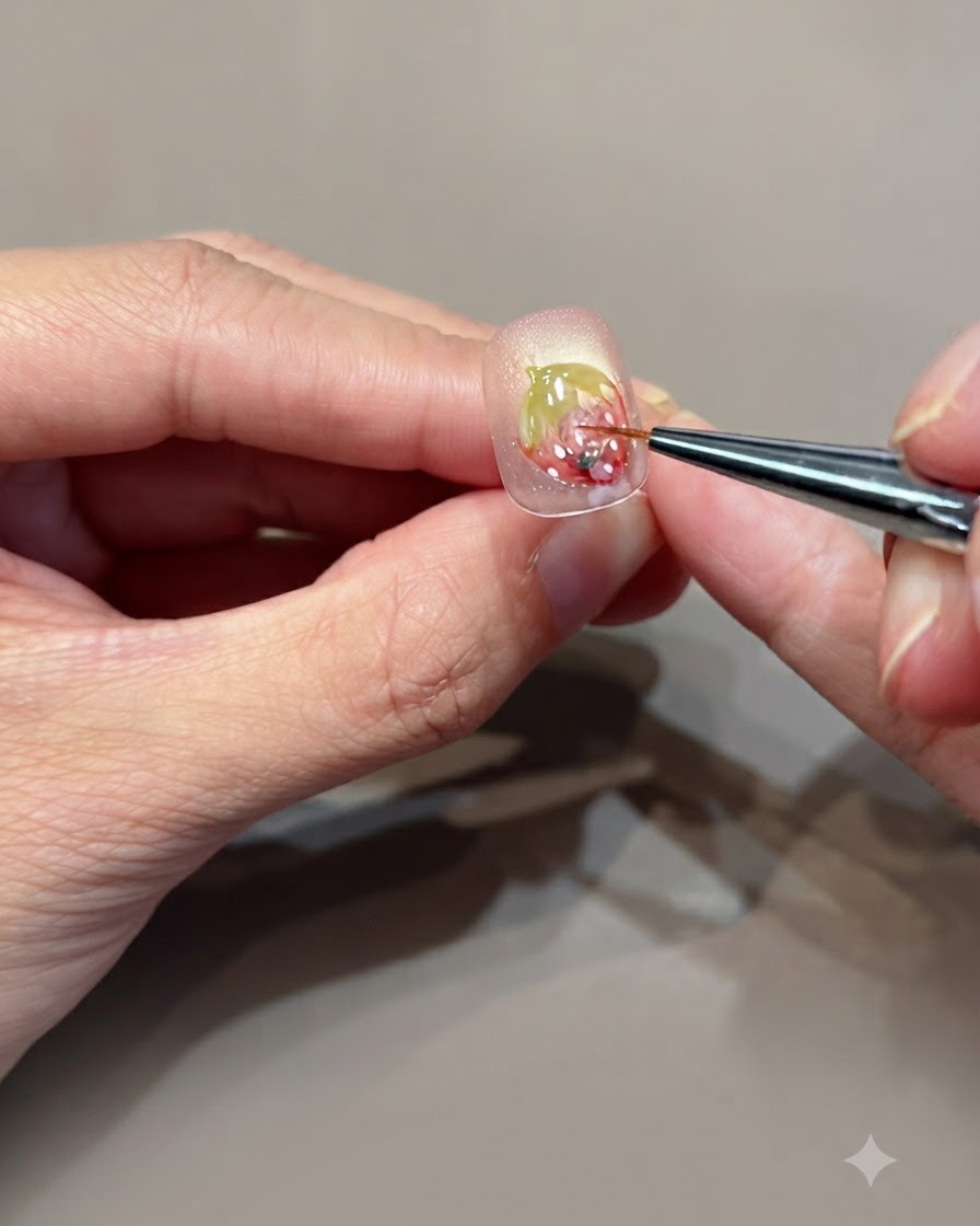 Ein feiner Pinsel trägt klares Hard-Gel über ein Erdbeer-Nail-Art-Design auf, um 3D-Volumen zu erzeugen.