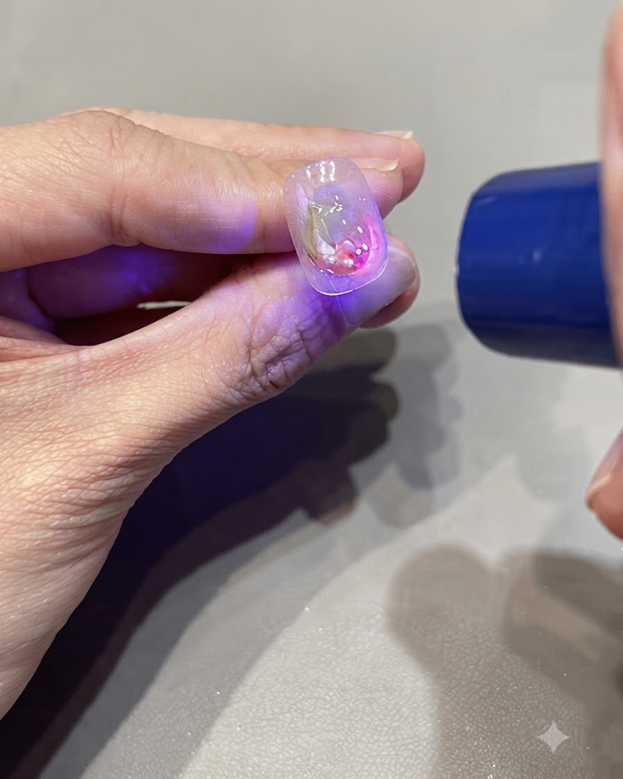 Ein UV-Licht härtet kleine, dimensionale Wassertropfen-Details auf einem dekorierten Nagel aus.