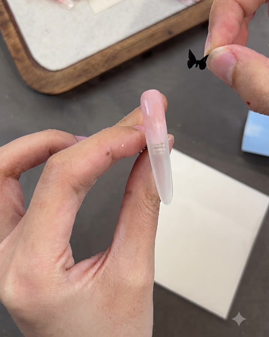 Eine Hand hält ein kleines schwarzes Schmetterlingselement neben einen glatten Kunstnagel.