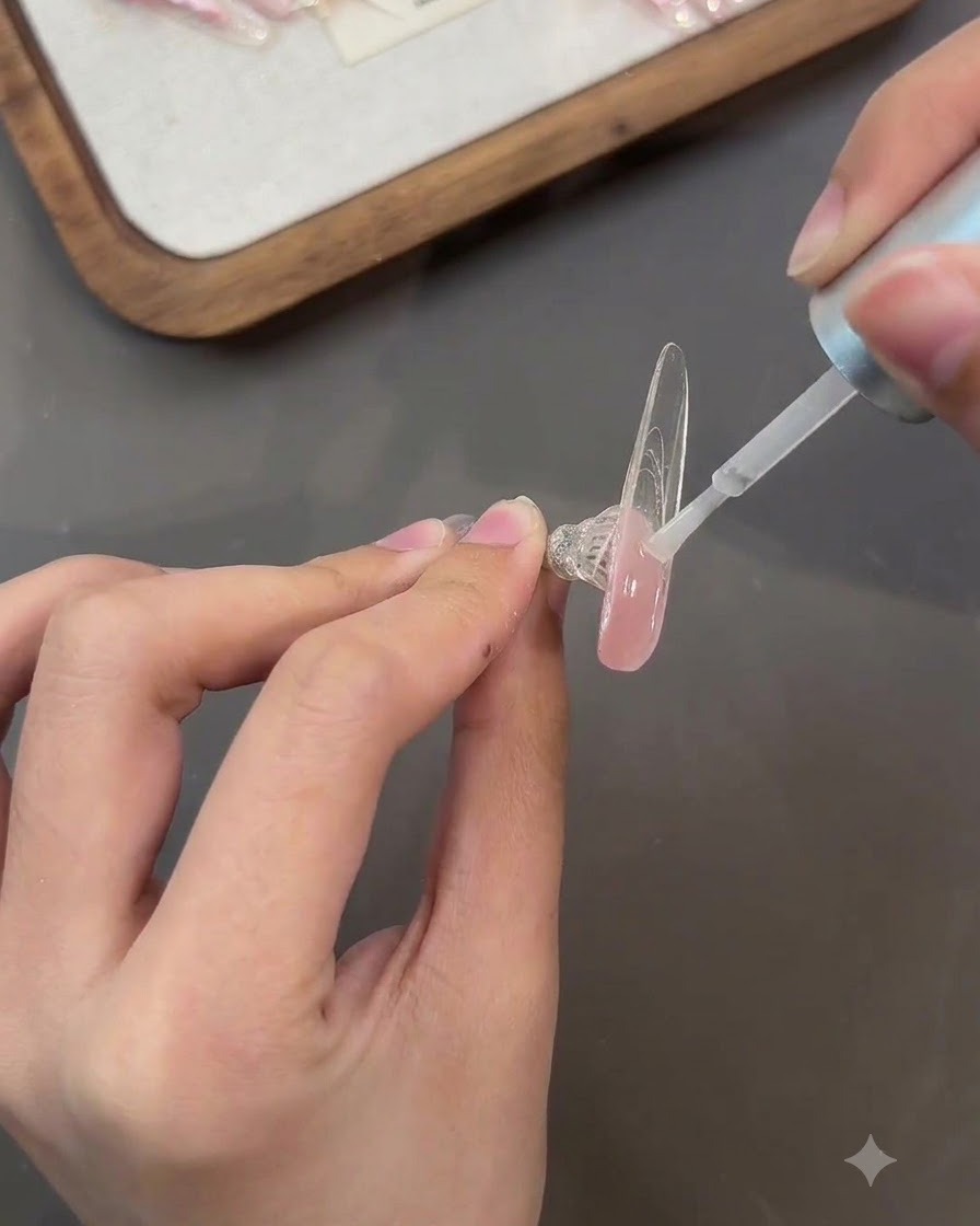 Ein Pinsel trägt Glitzer-Gel auf die Rückseite eines transparenten Kunstnagels auf und verteilt es.