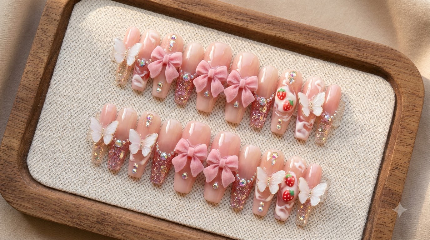 Strawberry Panna Cotta Press-on Nägel — Anleitung für 3D-Schleifen und Schmetterlinge