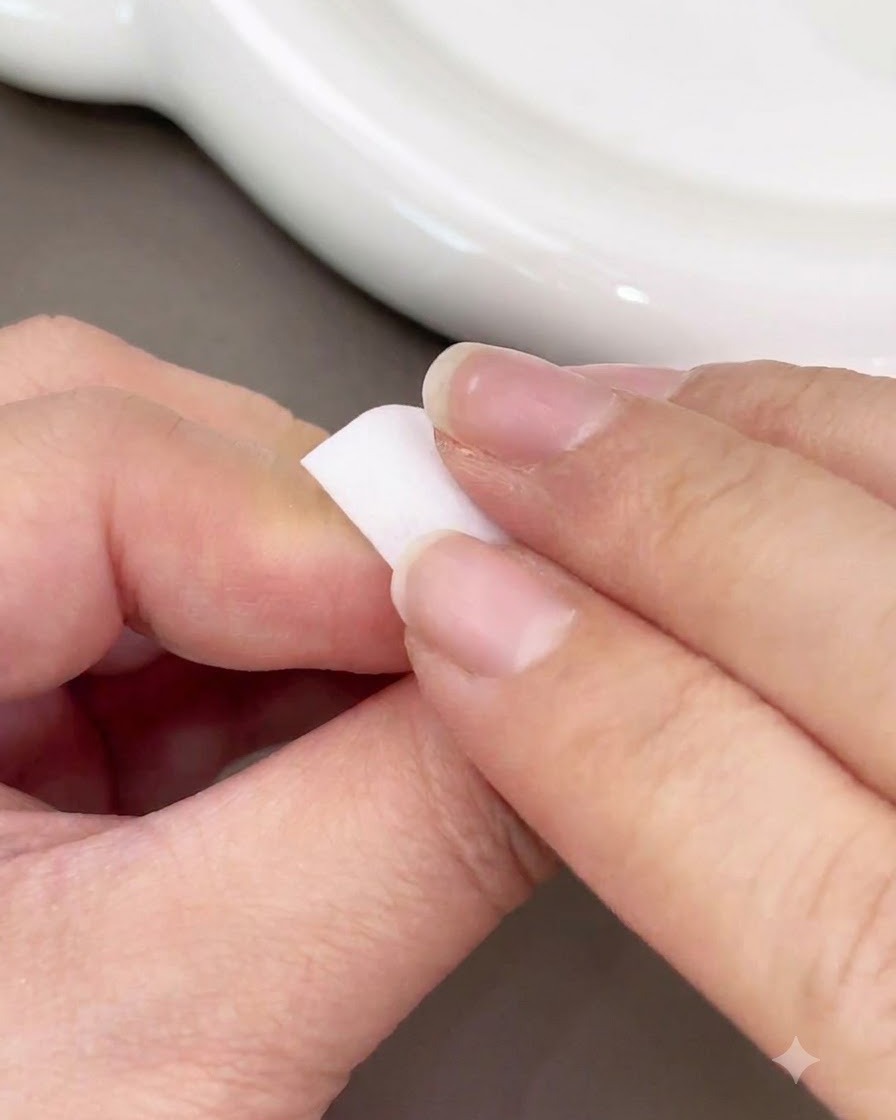 Eine Hand hält einen kleinen Pinsel und trägt einen Punkt pinkfarbenes Gel auf die Nagelmitte auf.