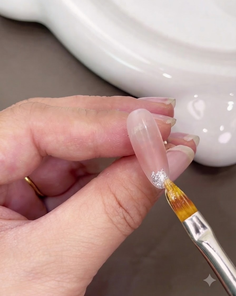 Ein sauberer Pinsel zieht weißes Glitter-Gel von der Nagelspitze nach hinten.