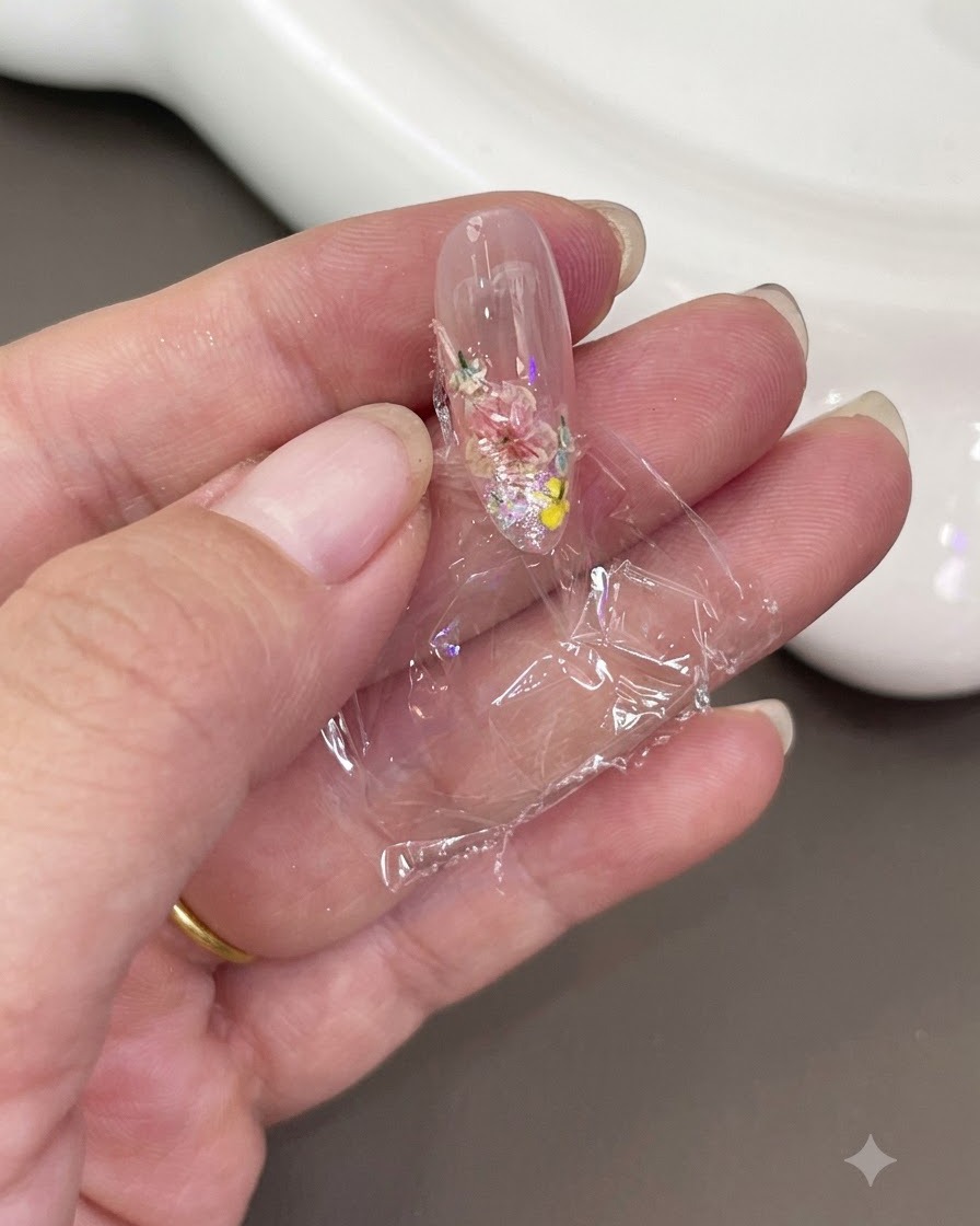 Eine Hand hält ein Stück klare Frischhaltefolie, die fest über den verzierten Nagel gedrückt wird.