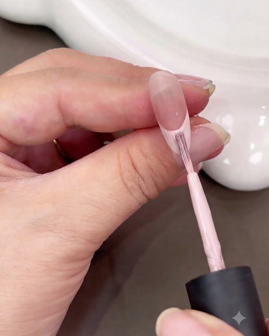 Ein Pinsel glättet und füllt eine rosa French Spitze auf einem ovalen Nagel aus.