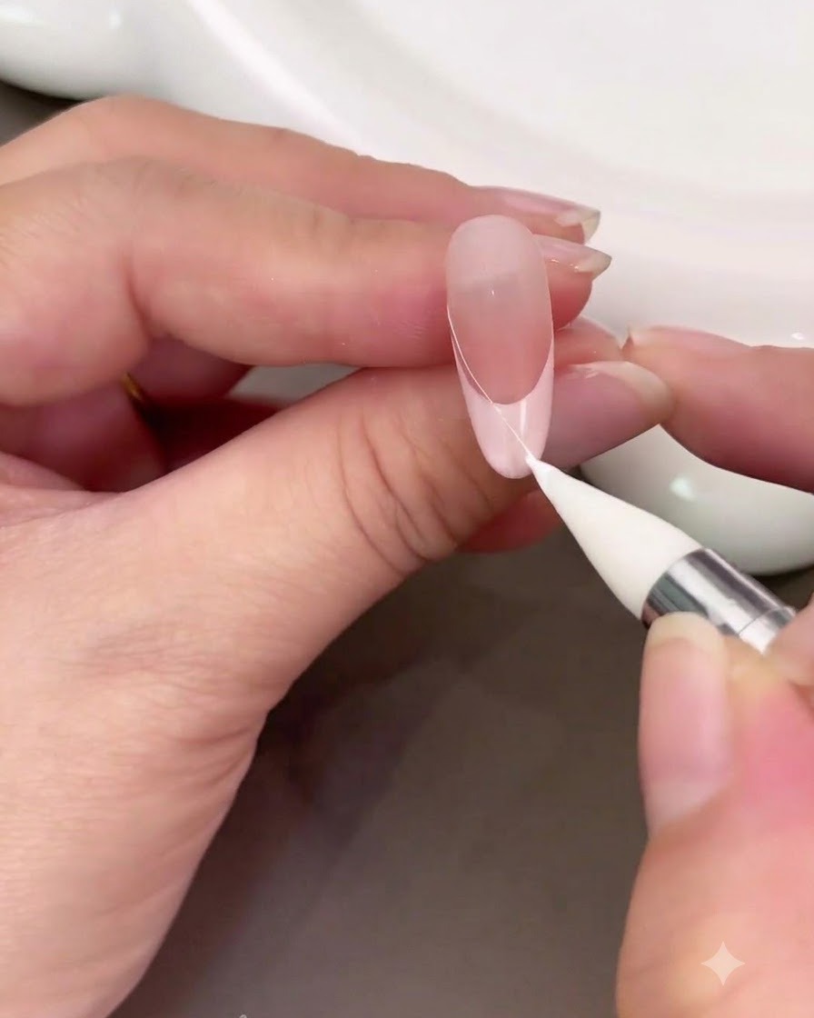 Ein Detailwerkzeug trägt einen feinen weißen String-Gel-Bogen entlang des Randes einer French-Maniküre auf.