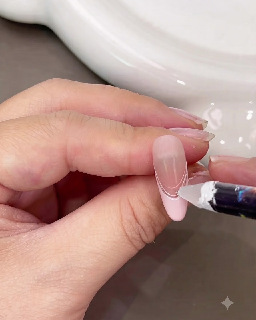 Eine Pinzette platziert eine kleine Perle und einen Strassstein auf einer verzierten Nagelkurve.