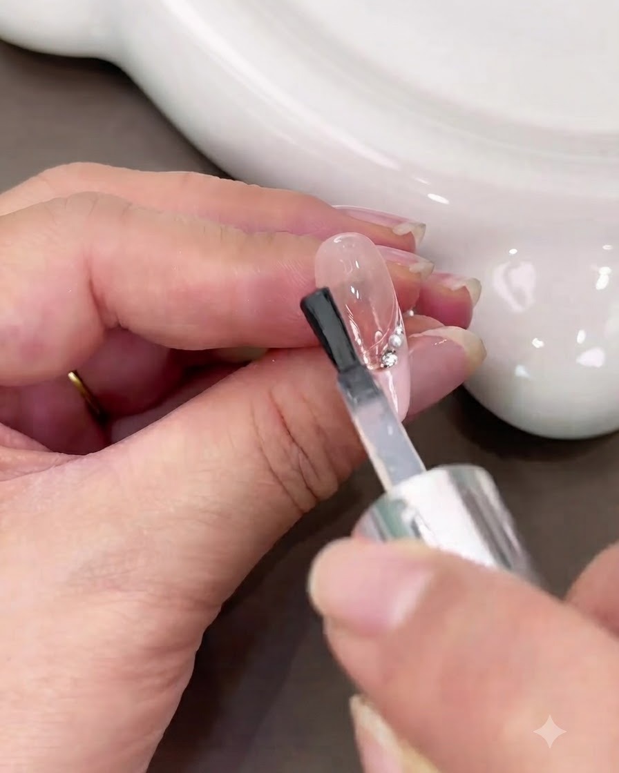 Ein Pinsel trägt einen klaren glänzenden Top Coat über ein fertiges French-Tip-Nageldesign auf, das mit Perlen und Strasssteinen verziert ist.