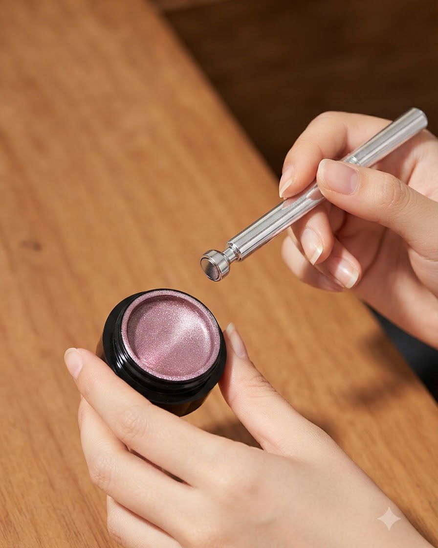 Eine Hand, die ein kleines magnetisches Werkzeug in der Nähe eines offenen schwarzen Glases mit schimmerndem, hellrosa Cat-Eye-Gel hält.