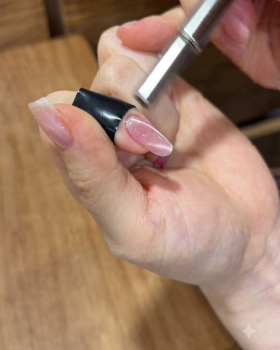 Ein zylindrischer Magnetstab, der nahe an einem rosa Cat-Eye-Gel-Nagel gehalten wird, um das schimmernde magnetische Licht zu bündeln.