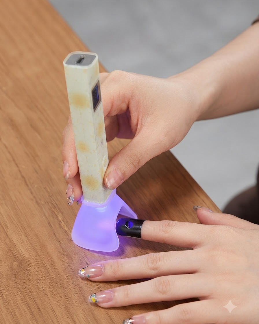 Ein feiner Nail-Art-Pinsel, der einen winzigen Tropfen klarem Gel auf die Spitze eines manikürten Fingers aufträgt.