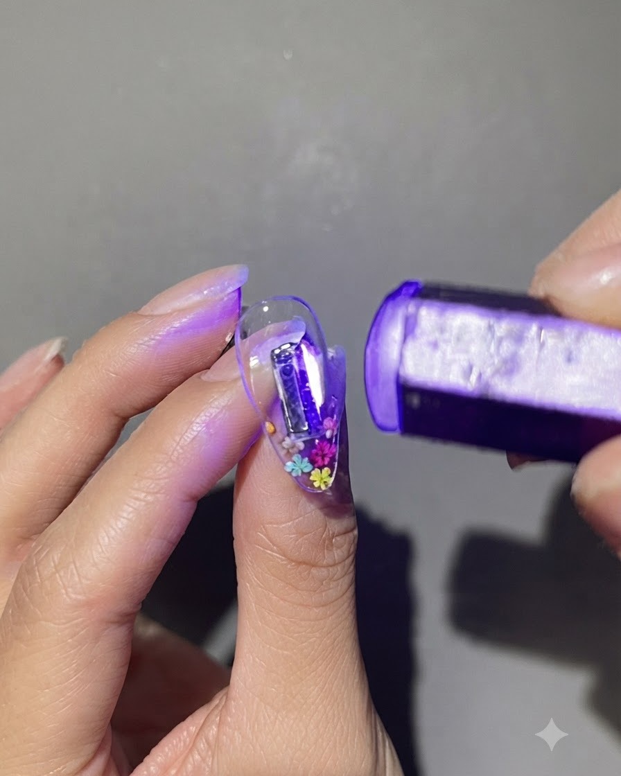 Eine violette Hand-UV-LED-Lampe beim Flash-Curing eines klaren Nagels, der mit winzigen, bunten Trockenblumen verziert ist.